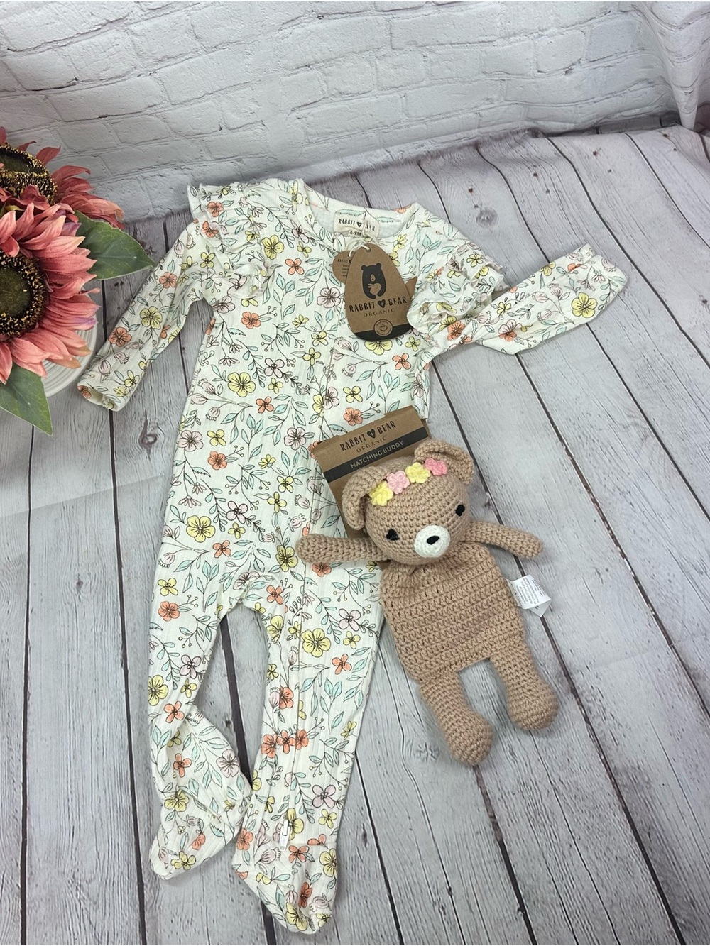 NWT Rabbit & Bear Floral Footed One-Piece baby girl 6-9M cottagecore teddy bear